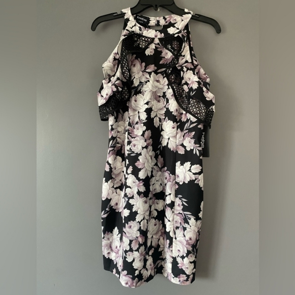 Bebe 8 Black & Pink Floral Mini cocktail dress Cold Shoulder Ruffle - Picture 15 of 16